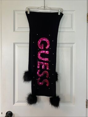 Guess Black Scarf with Hot Pink Sequin Logo and Black Fur Pom-Poms